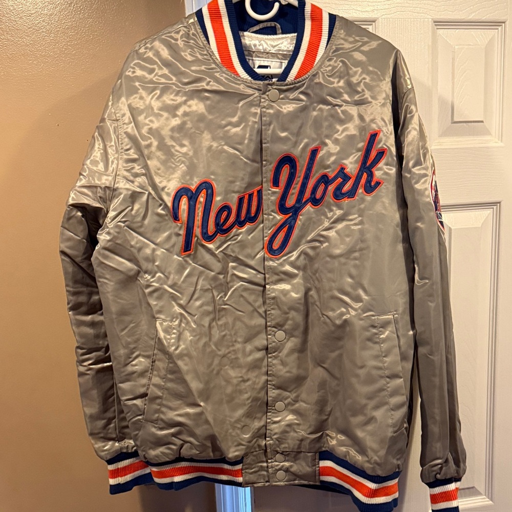 STARTER Silver Satin New York Bomber Jacket with Blue & Orange Trim